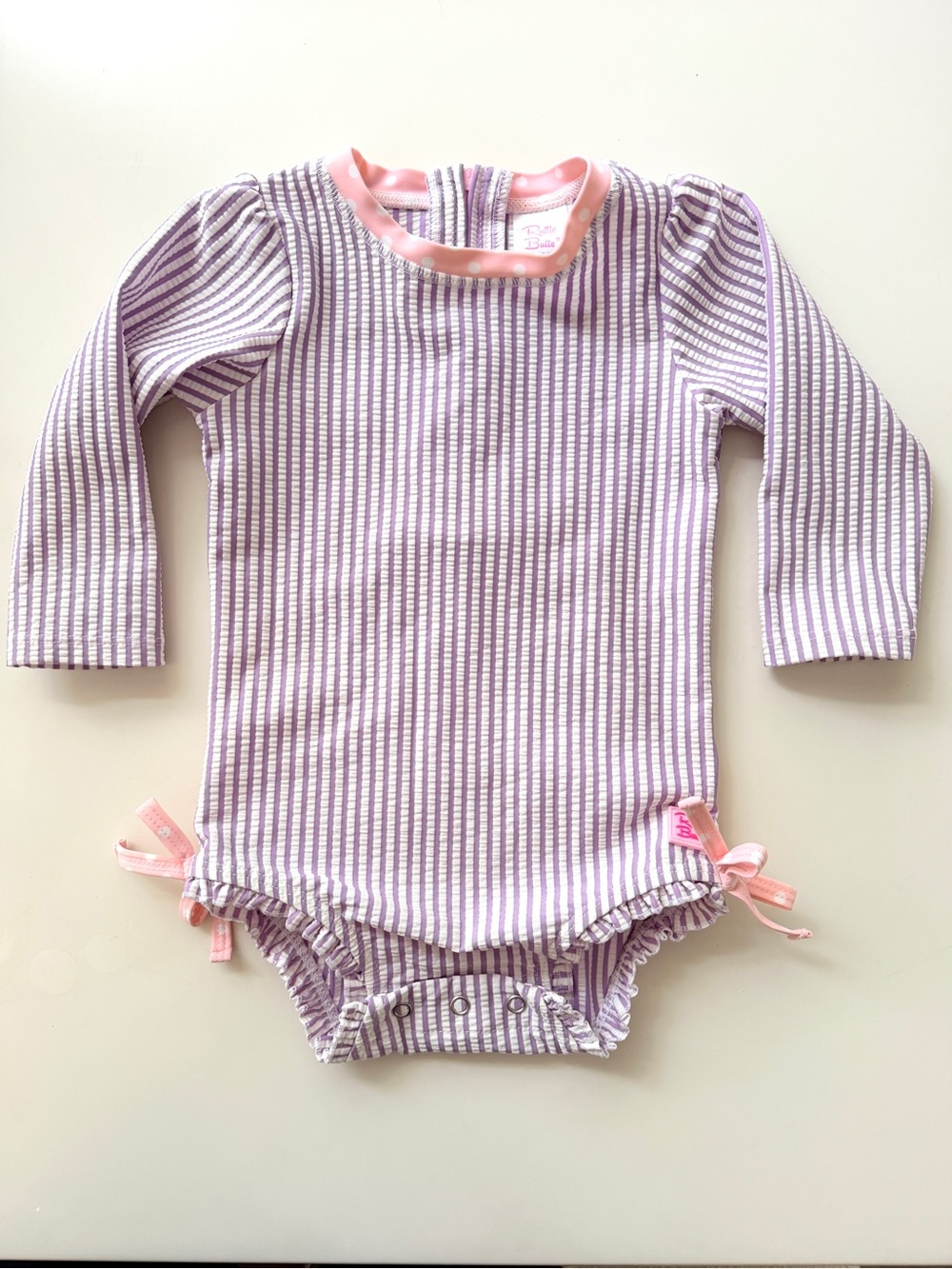 Ruffle Butts Lavender & Pink Seersucker Striped Long Sleeve Baby Swimsuit